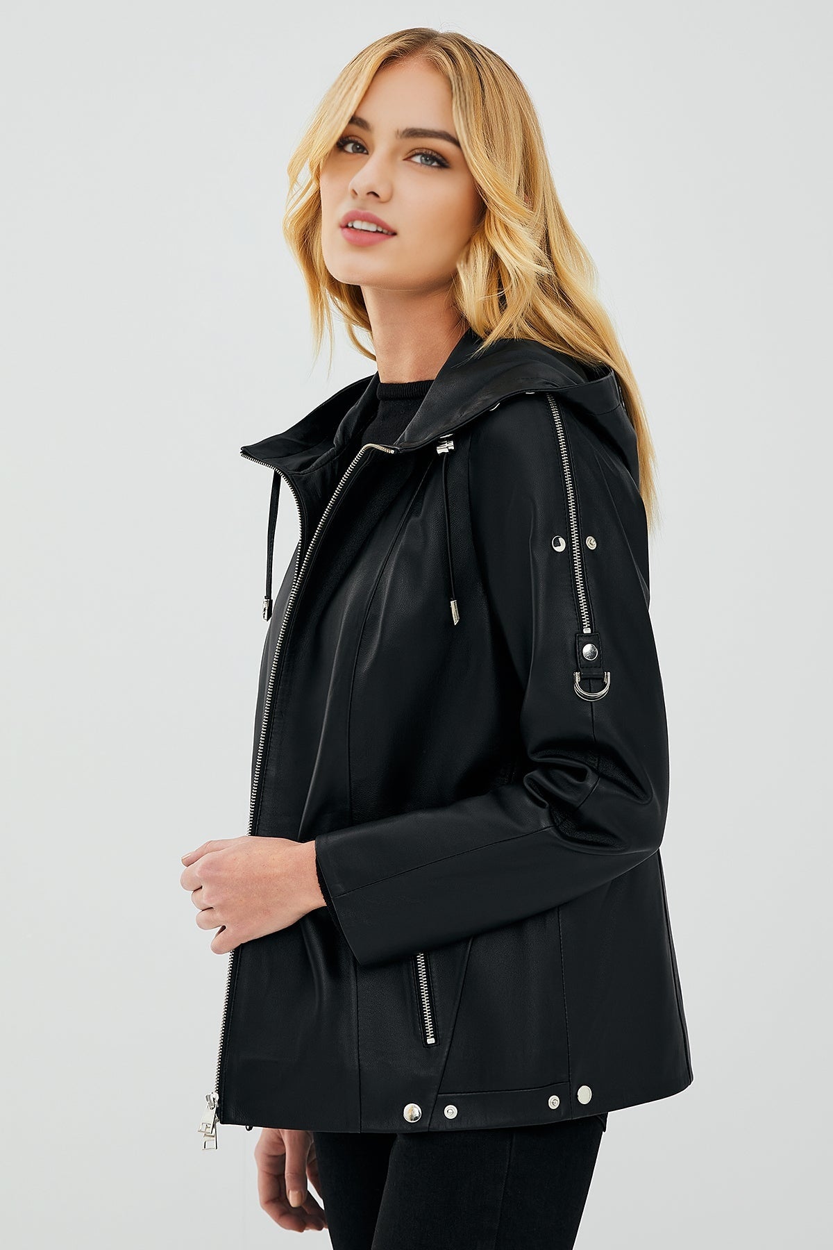 Judith Women's Black Hooded Leather Coat