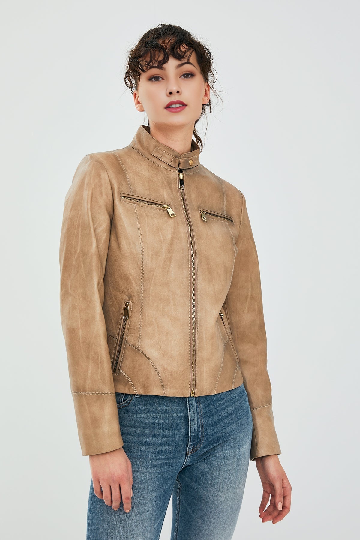 Alicia Women's Beige Leather Jacket