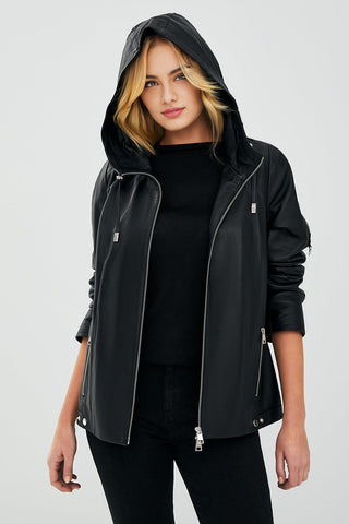 Women's Black Hooded Leather Coat