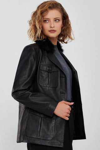 Anais Women's Black Fur Collar Blazer Leather Jacket
