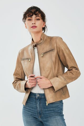 Alicia Women's Beige Leather Jacket