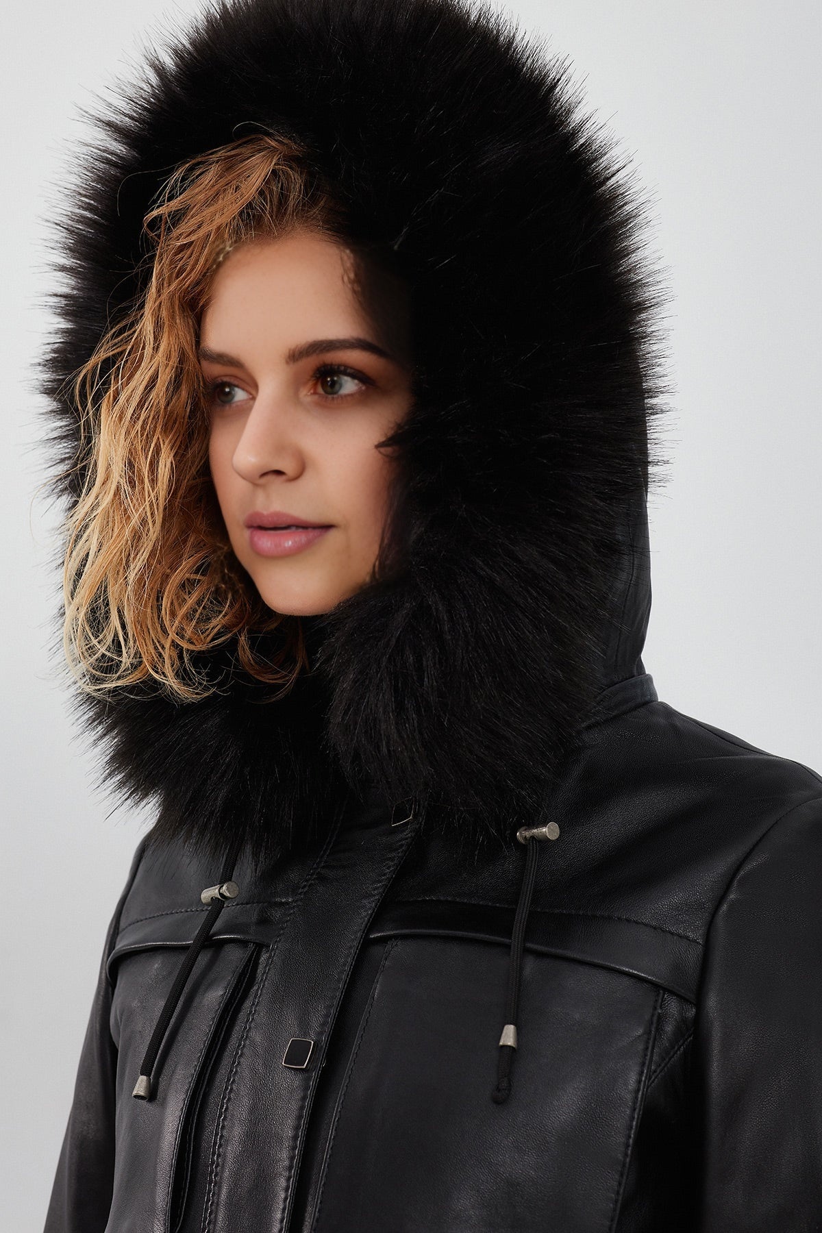Elenor Women's Black Leather Hooded Coat