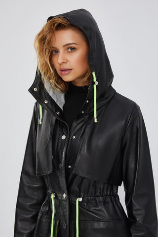 Rihanna Women's Black Hooded Leather Topcoat
