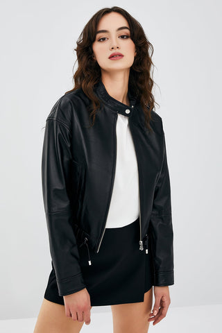  Women's Black Oversize Leather Jacket