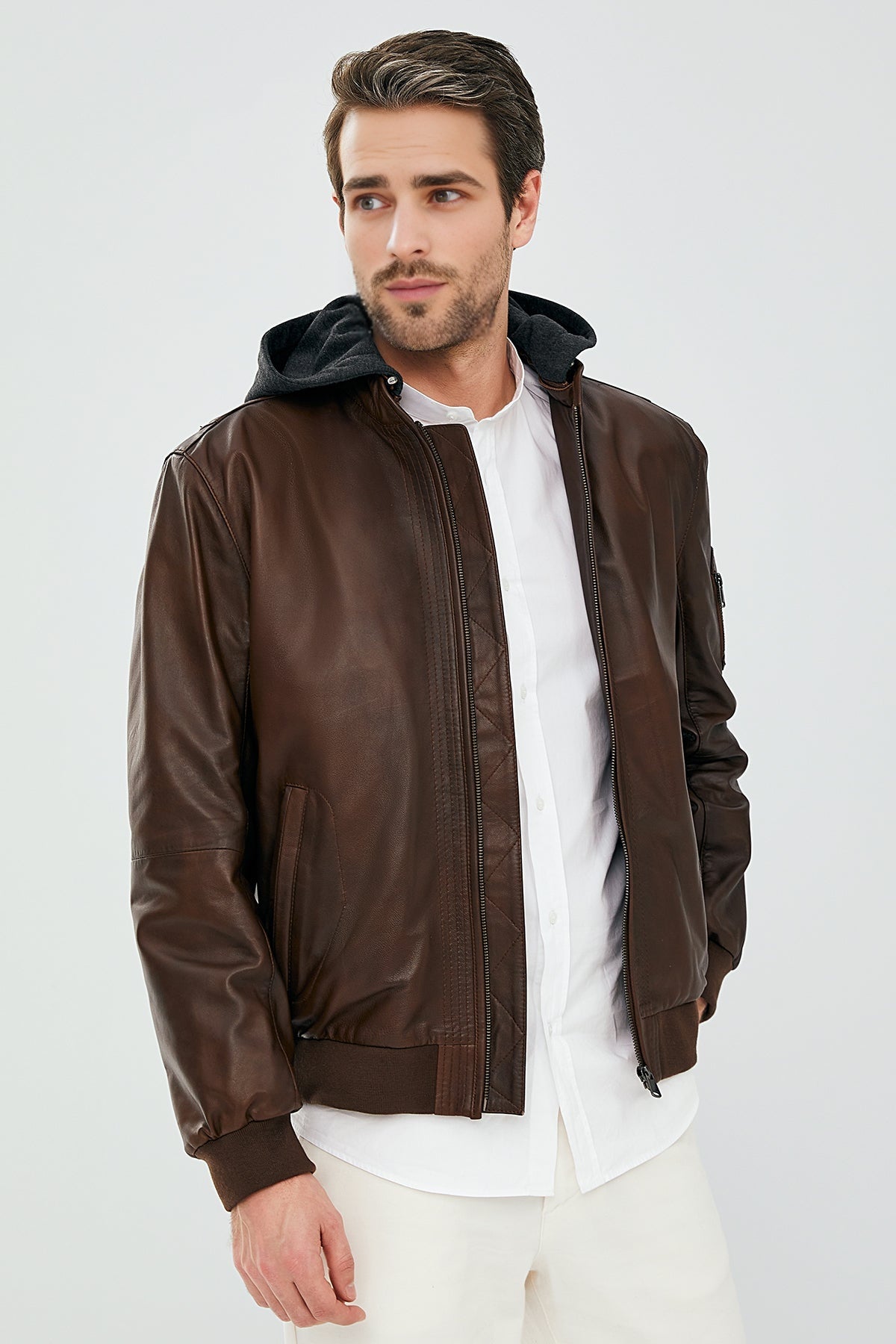 Garry Men's Cognac Hooded Leather Coat