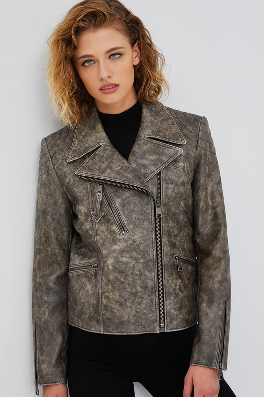 Xuma Women's Gray Leather Biker Jacket