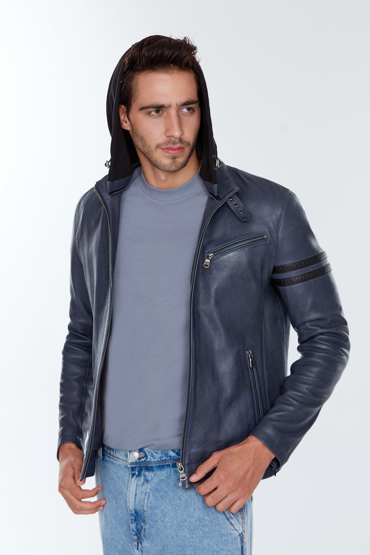 Towns Men's Blue Hooded Slim-Fit Sports Leather Jacket