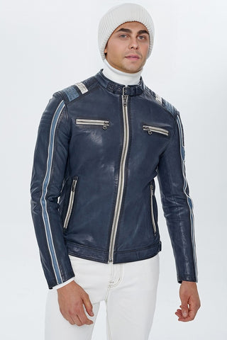 Boston Blue Leather Motorcycle Jacket