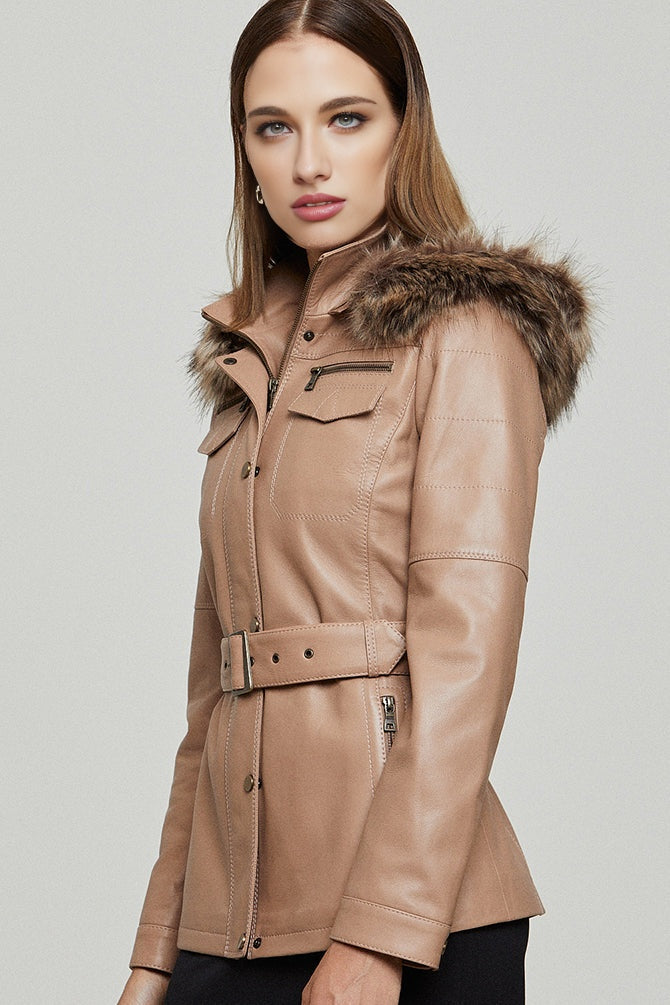 Lavinia Women's Beige Hooded Fur Leather Coat