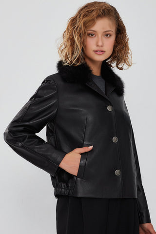 Nina Women's Black Fur Leather Coat