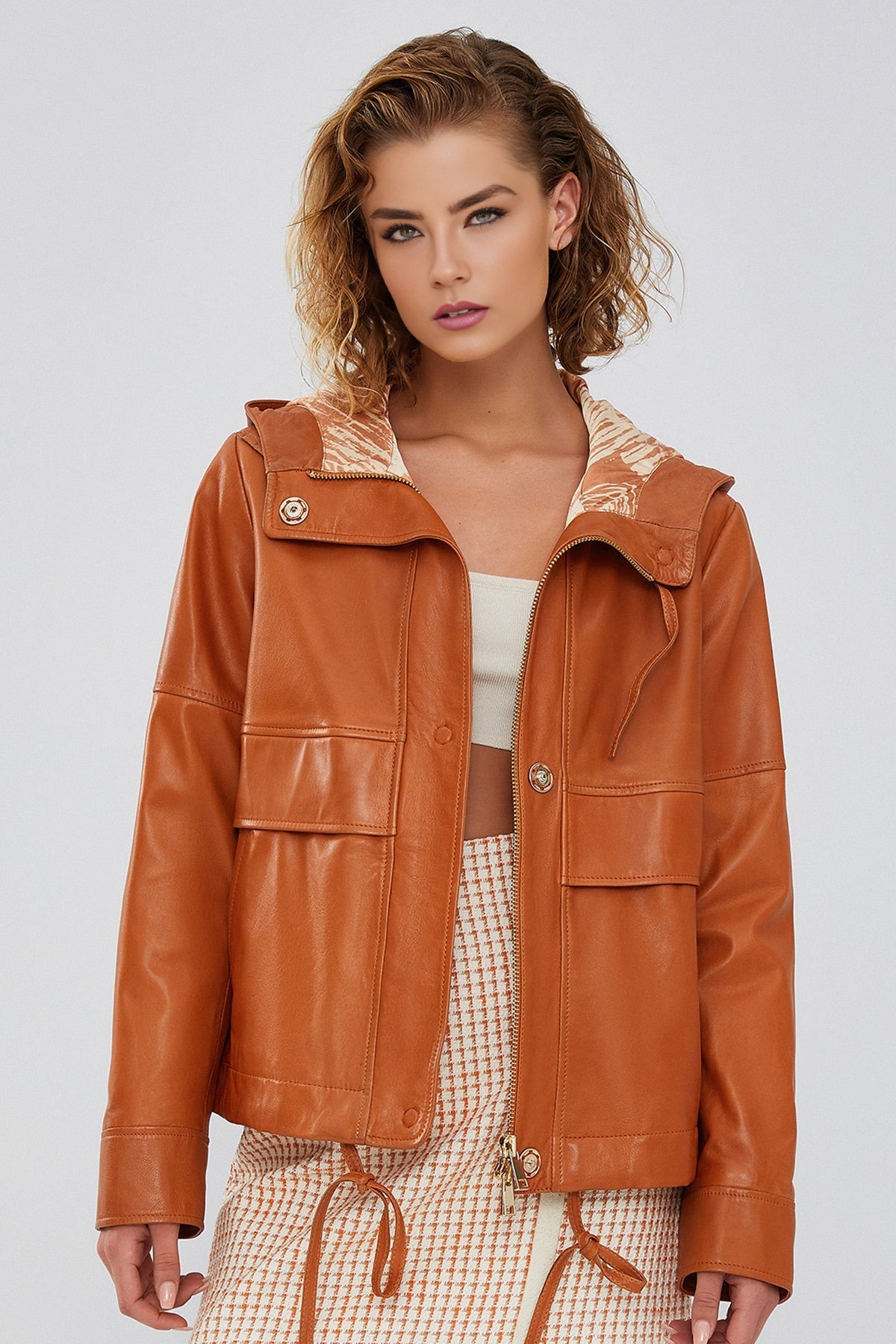 Shelly Women's Orange Hooded Leather Jacket