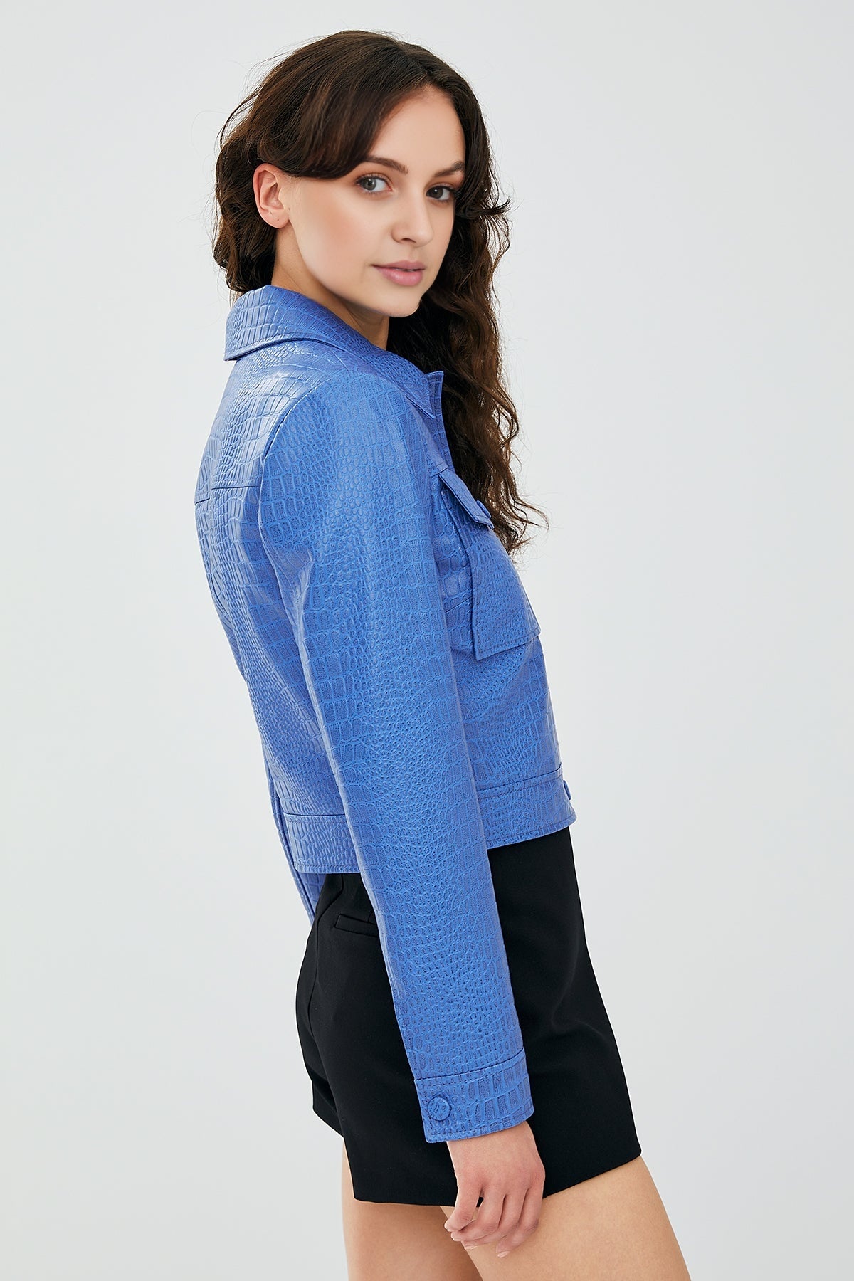 Tina Women's Blue Short Leather Jacket