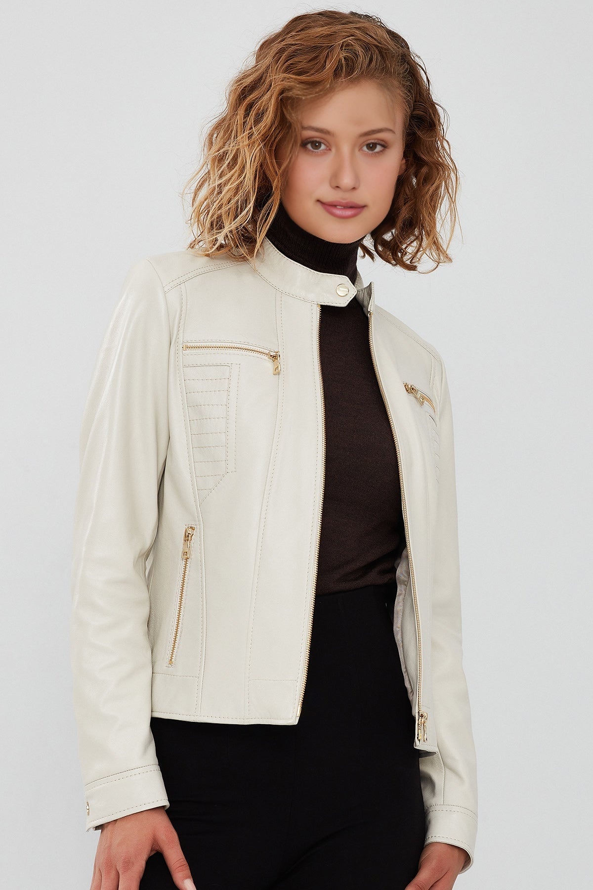 Marlyn Women's Beige Short Leather Jacket