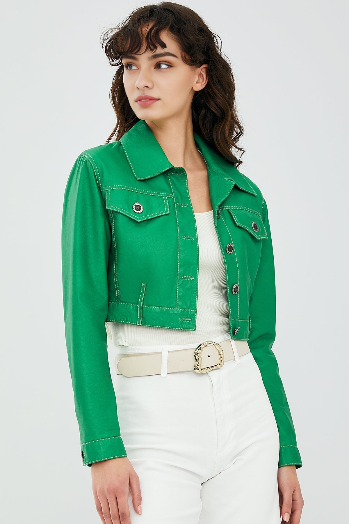 Mona Women's Green Short Leather Jacket