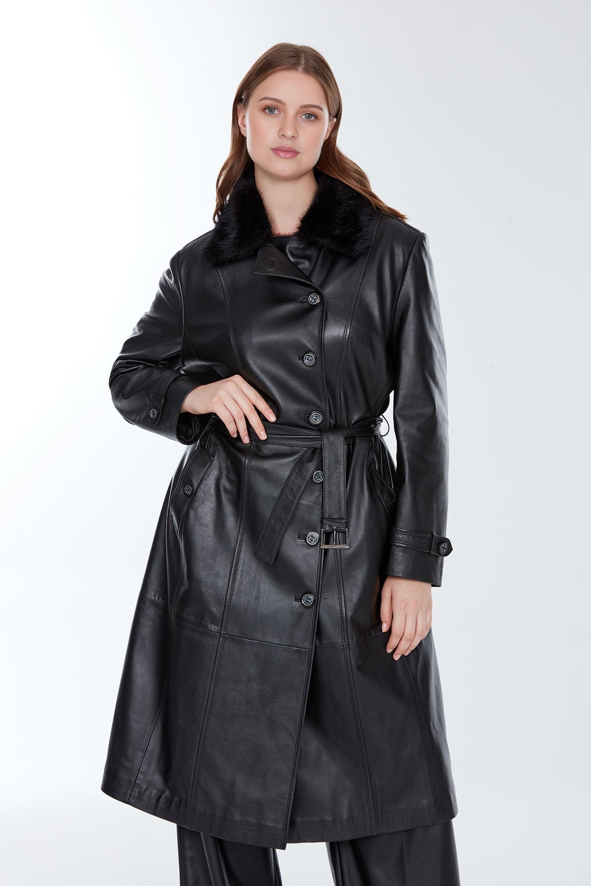 Brenda(Plus) Women's Black Leather Fur Coat