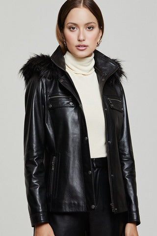 Edith Women's Black Fur Leather Coat