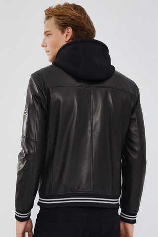 Tatum Men's Black Hooded Sports Leather Jacket
