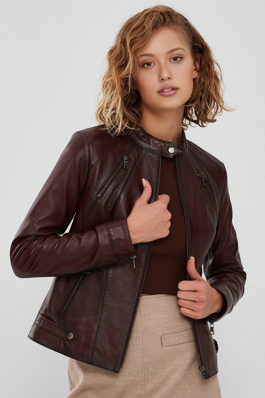 Kim Women's Brown Short Leather Jacket