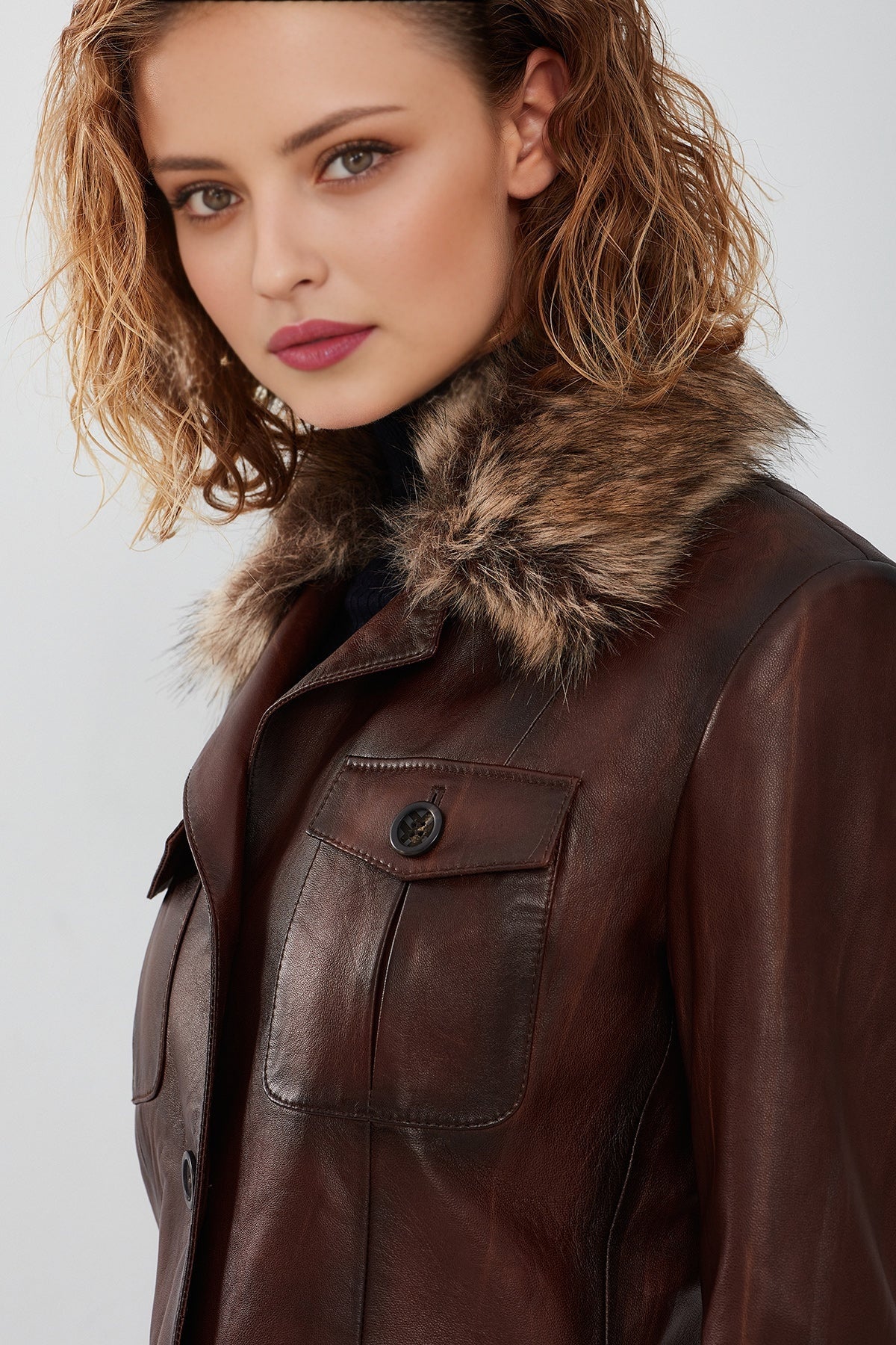 Anais Women's Brown Fur Collar Blazer Leather Jacket