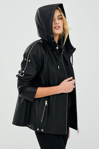 Judith Women's Black Hooded Leather Coat