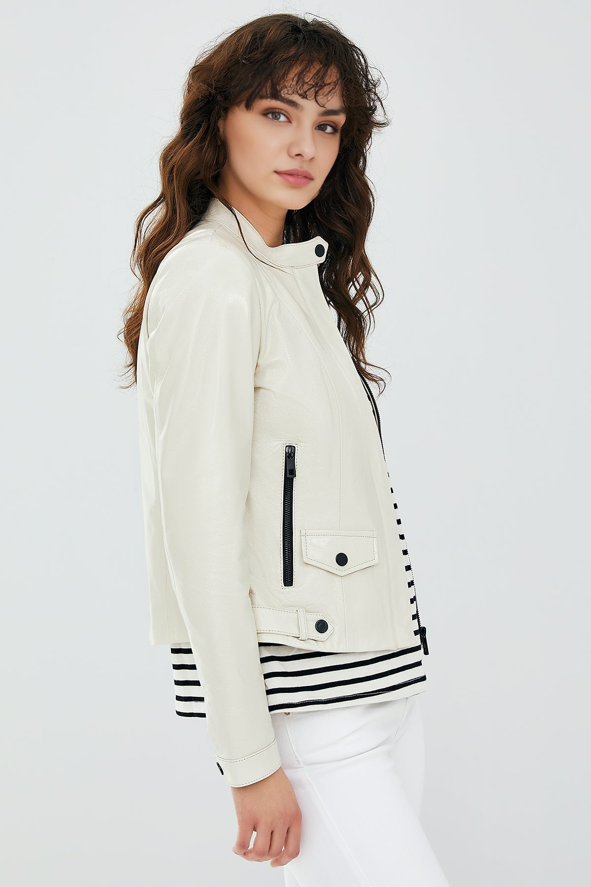 Daphne Women's White Leather Jacket
