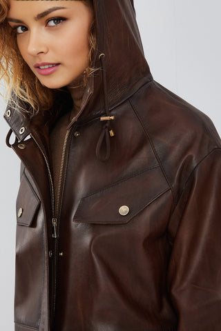 Greta Women's Brown Hooded Leather Jacket