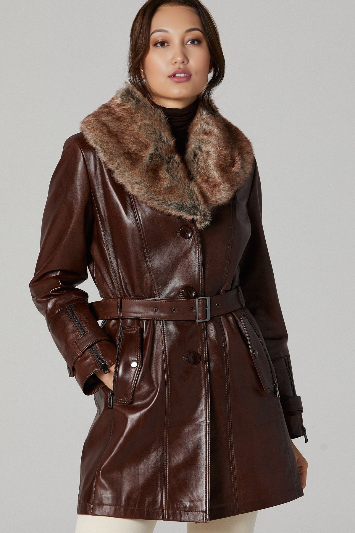 Rhoda Women's Brown Fur Long Leather Jacket