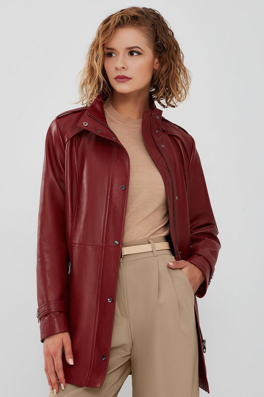 Ruby Women's Claret Red Long Leather Coat