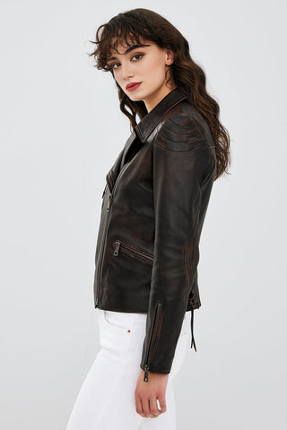 Xuma Women's Brown Biker Leather Jacket