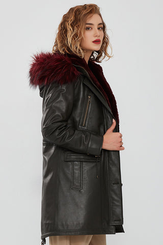 Celine Women's Green Hooded Fur Leather Coat