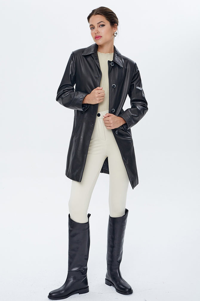 Sophia Women's Black Long Leather Jacket