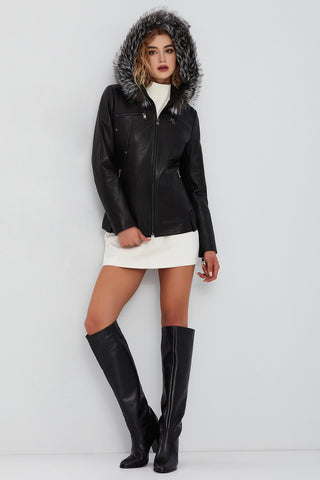 Audrey Women's Black Hooded Fur Leather Coat