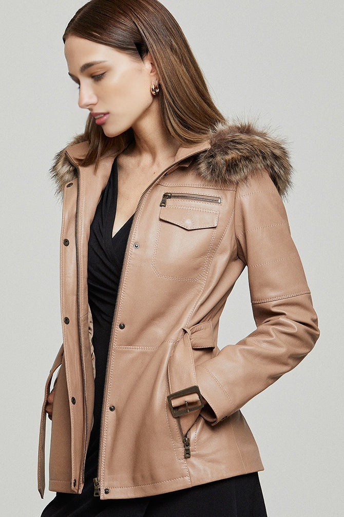 Lavinia Women's Beige Hooded Fur Leather Coat