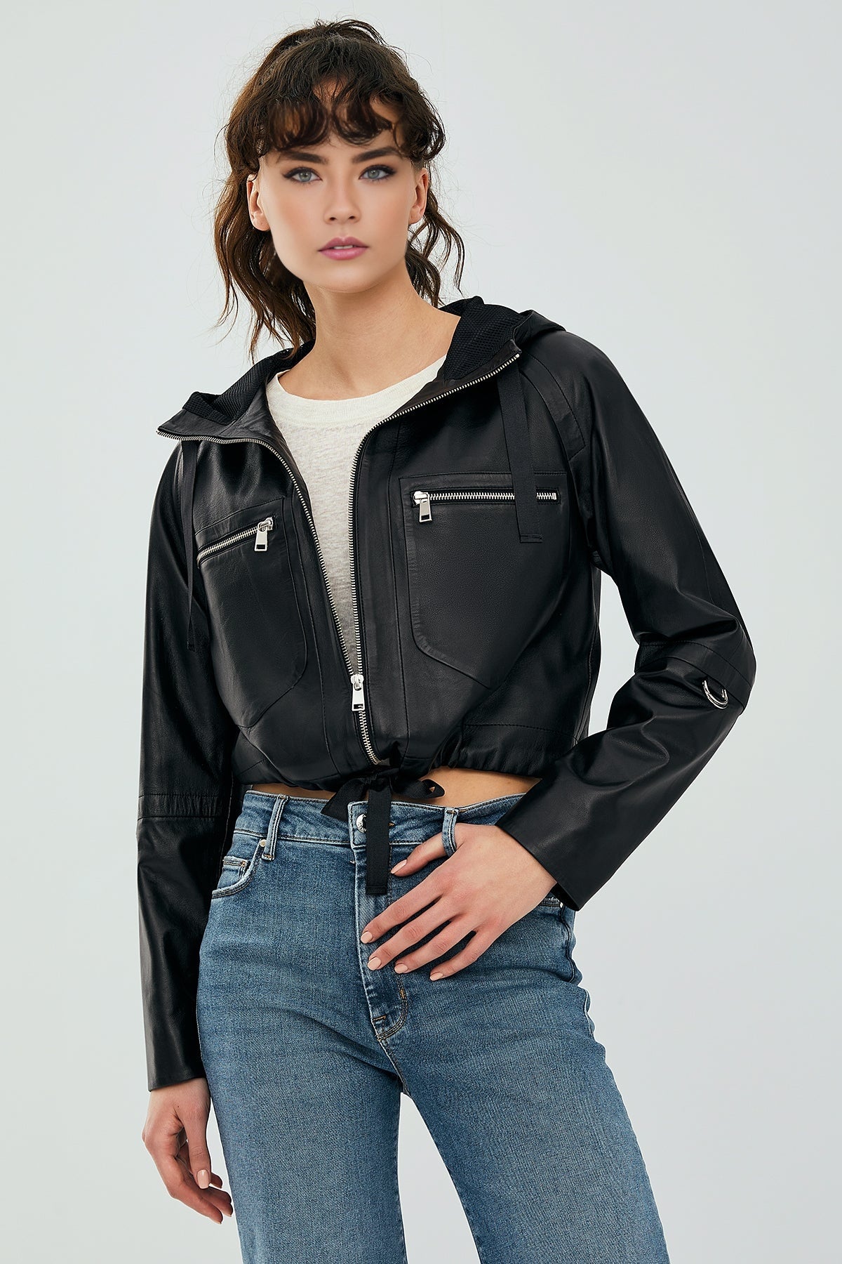 Stella Women's Black Hooded Short Leather Jacket