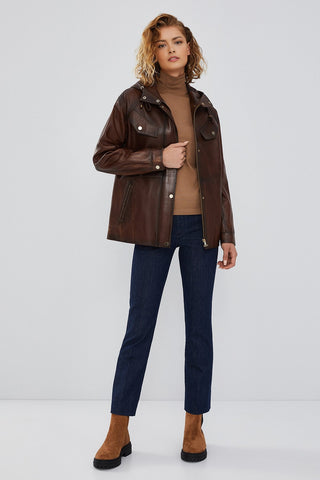 Greta Women's Brown Hooded Leather Jacket