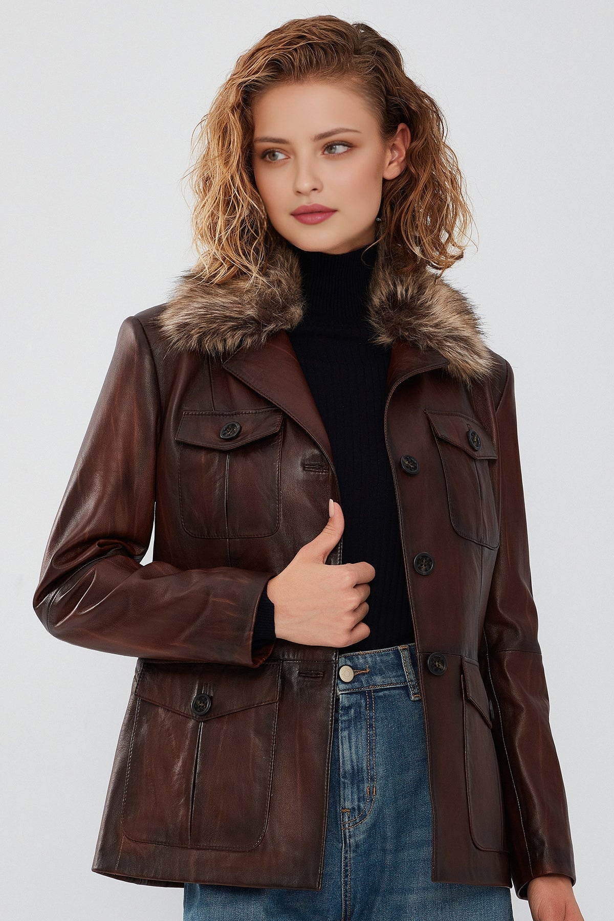 Anais Women's Brown Fur Collar Blazer Leather Jacket