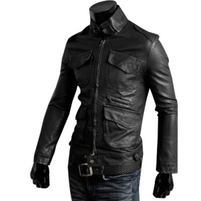 Men's Stylish Four Pockets Pu Leather Slim Fit Jacket