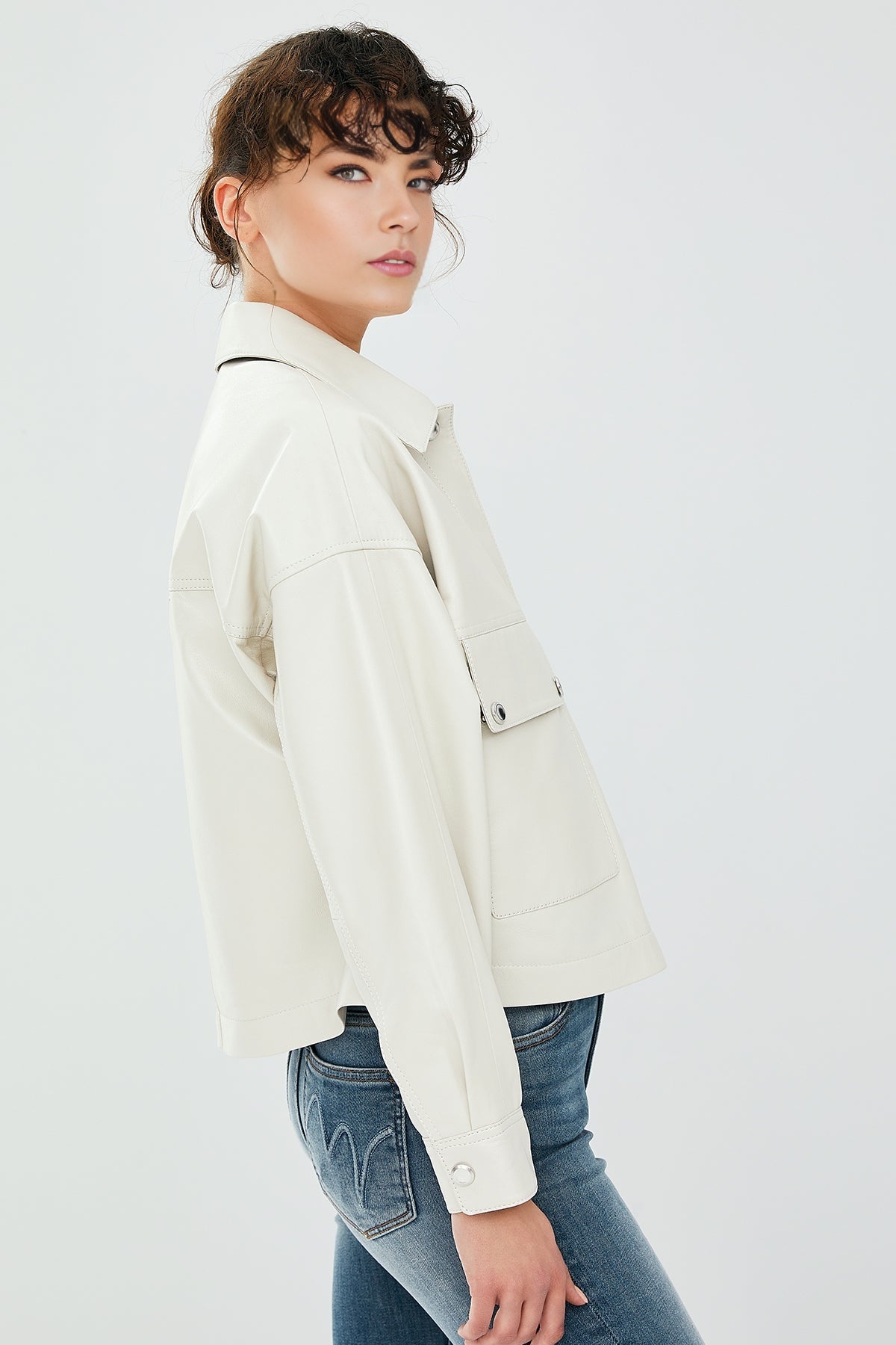 Dora Women's Ecru Oversize Short Leather Jacket