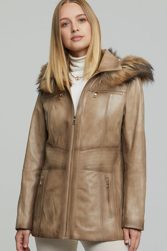 Rachel Women's Sand Hooded Leather Fur Coat