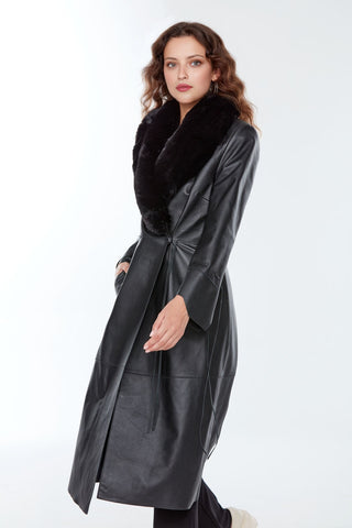 Josephine Women's Black Shearling Leather Overcoat