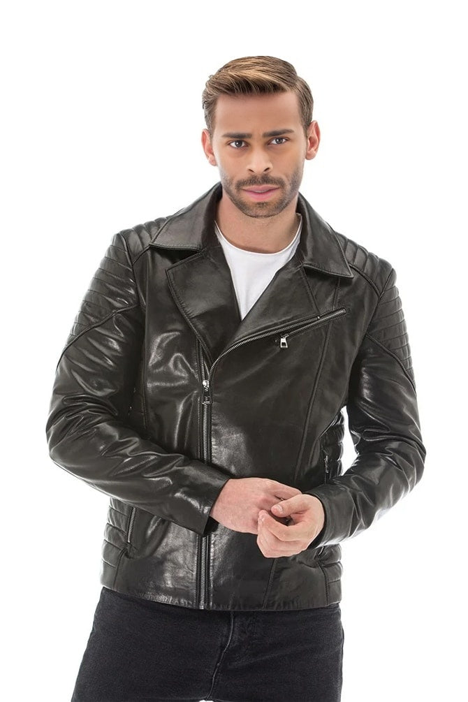 Men's 100 % Real Black Leather Biker Vegetal Jacket