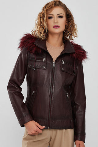 Monica Women's Burgundy Hooded Fur Leather Coat