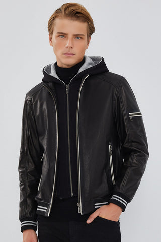 Men's Black Hooded Sports Leather Jacket