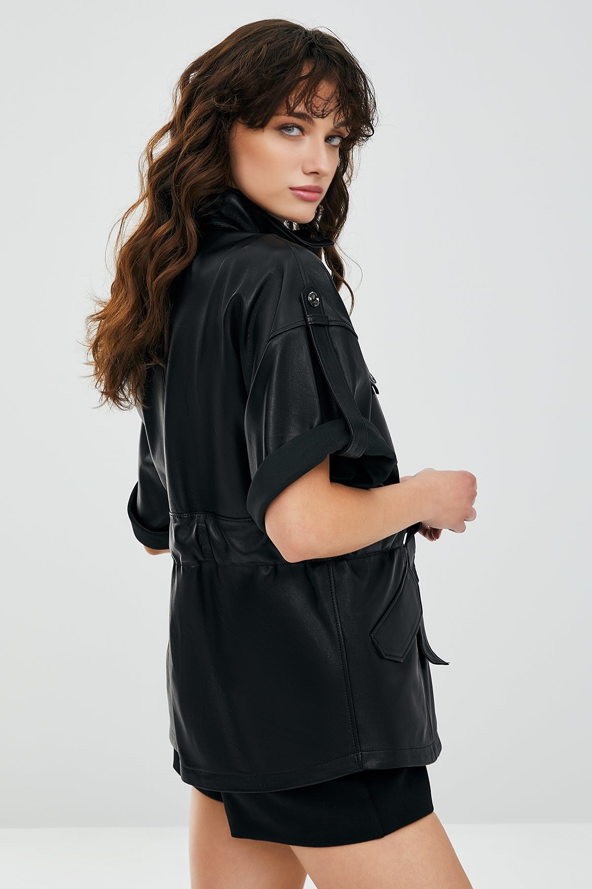 Goldy Black Women's Leather Short Sleeve Leather Jacket
