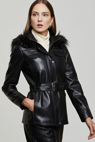 Lavinia Women's Black Hooded Fur Leather Coat