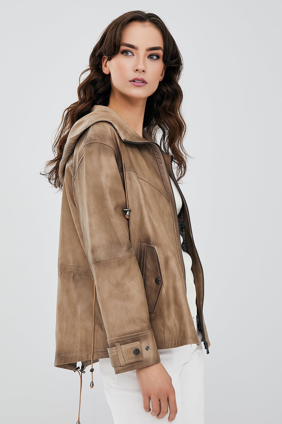 Darlen Women's Beige Oversize Hooded Leather Jacket