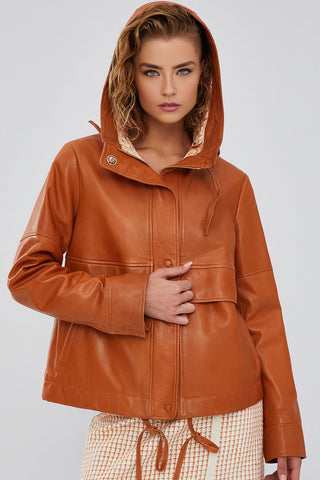 Shelly Women's Orange Hooded Leather Jacket