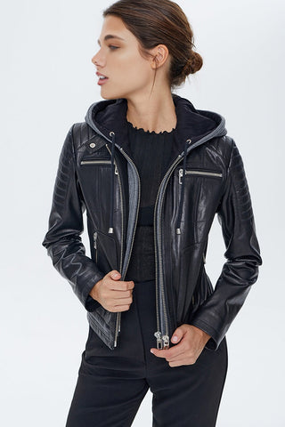 Zoom Women's Hooded Black Leather Jacket