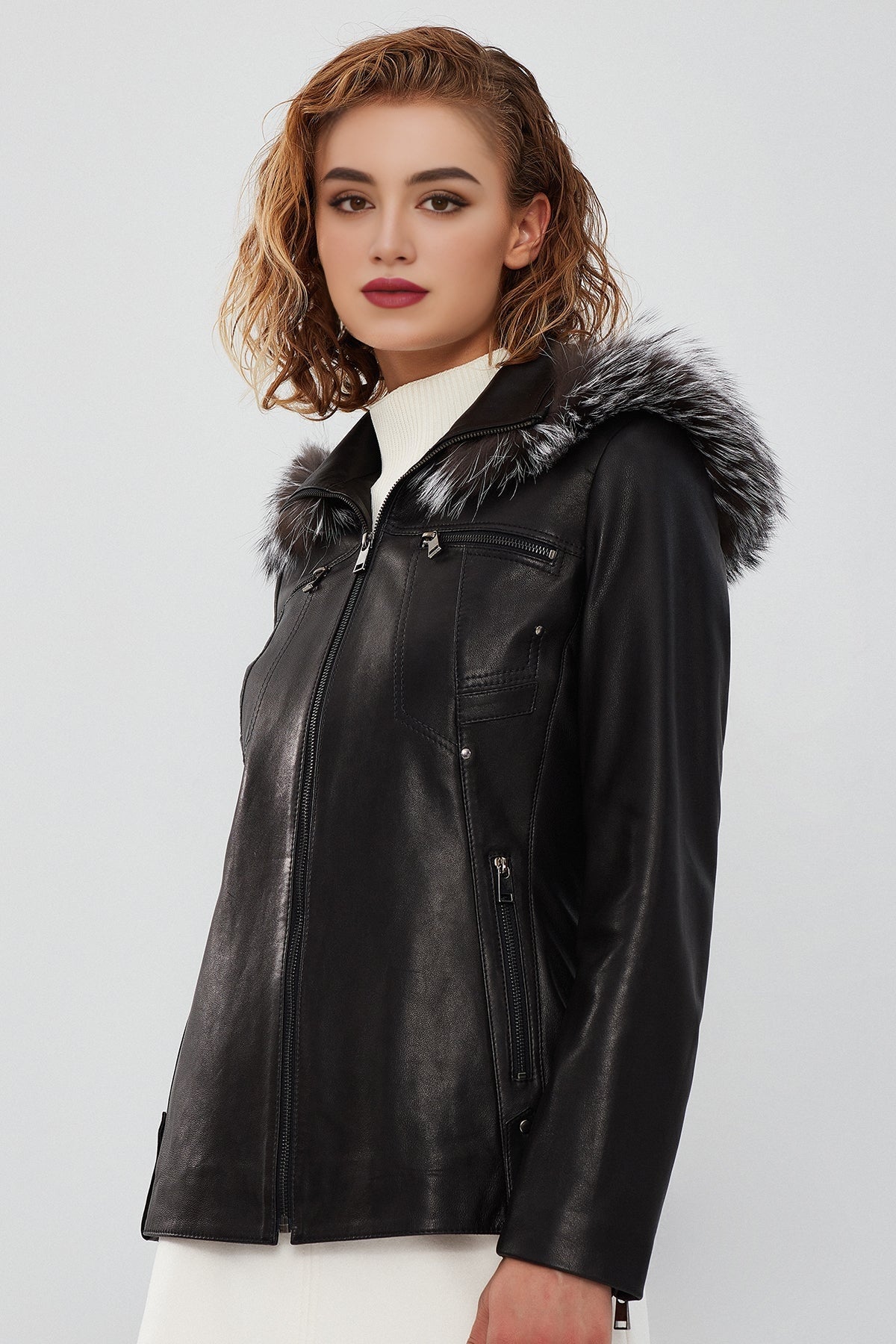 Audrey Women's Black Hooded Fur Leather Coat