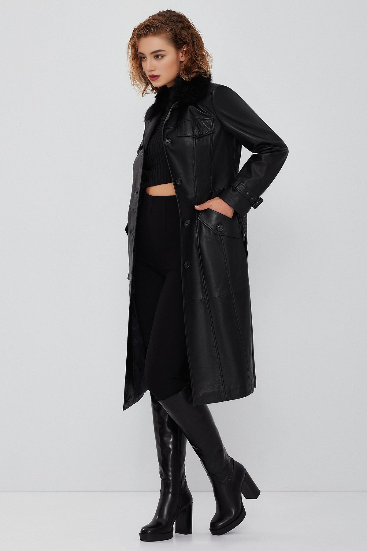 Fonda Women's Black Fur Leather Trench Coat